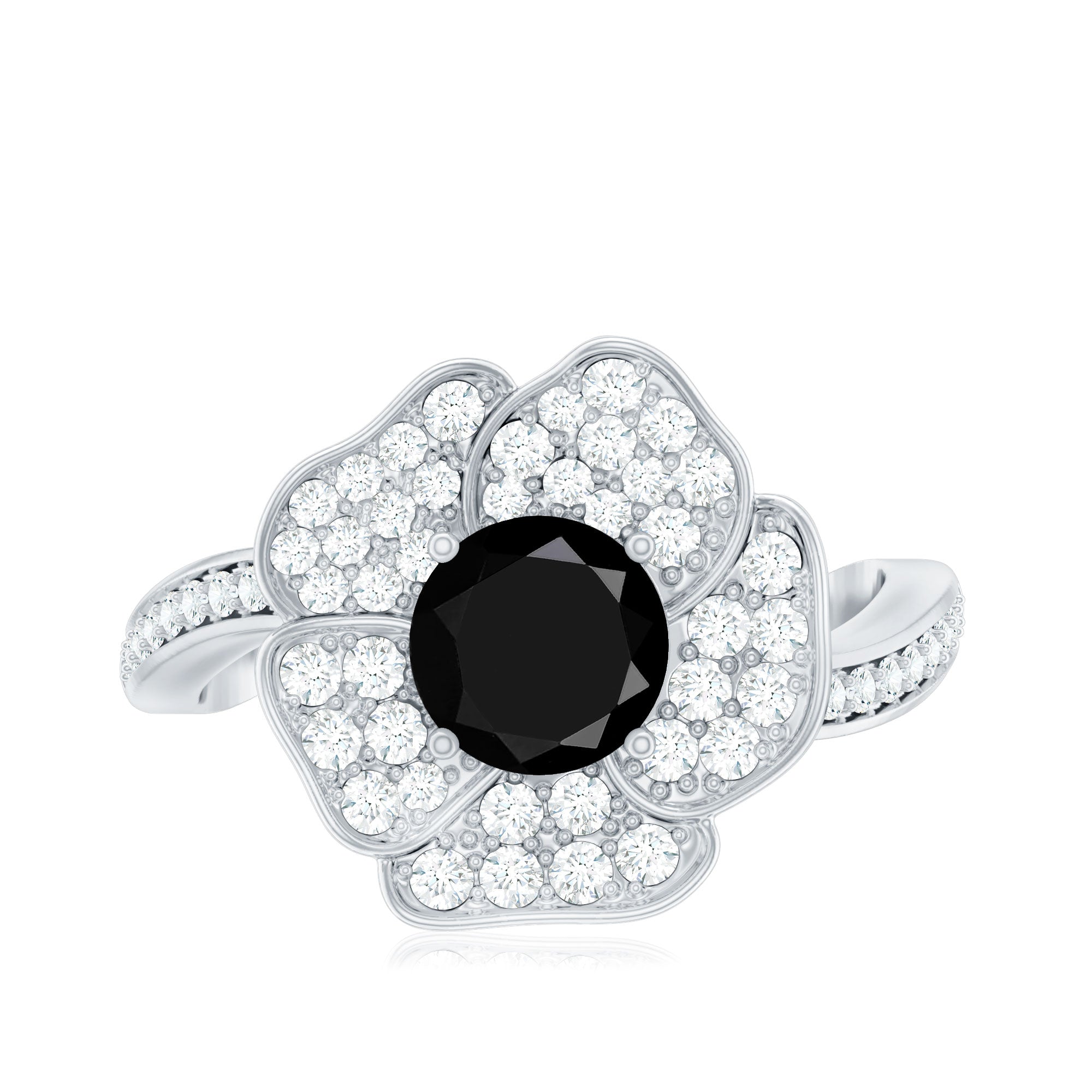 1.3 Carat Lab Grown Black Diamond Flower Engagement Ring with White Diamond AAAA ( Synthetic ) - Rosec Jewels