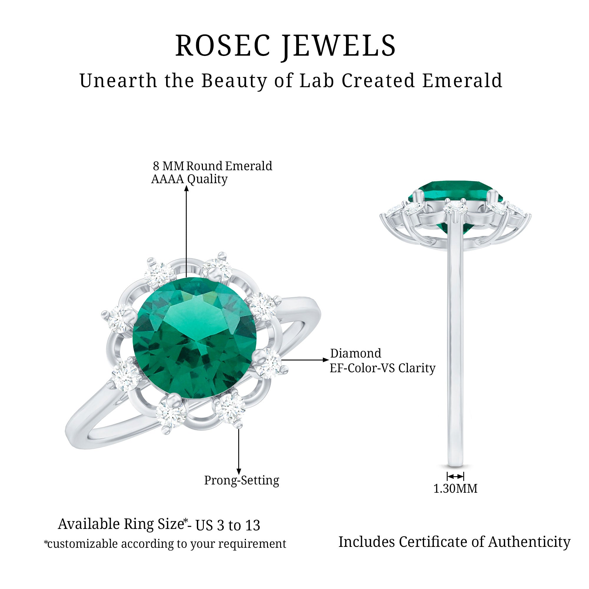 Lab Grown Emerald Designer Flower Engagement Ring AAAA - Rosec Jewels