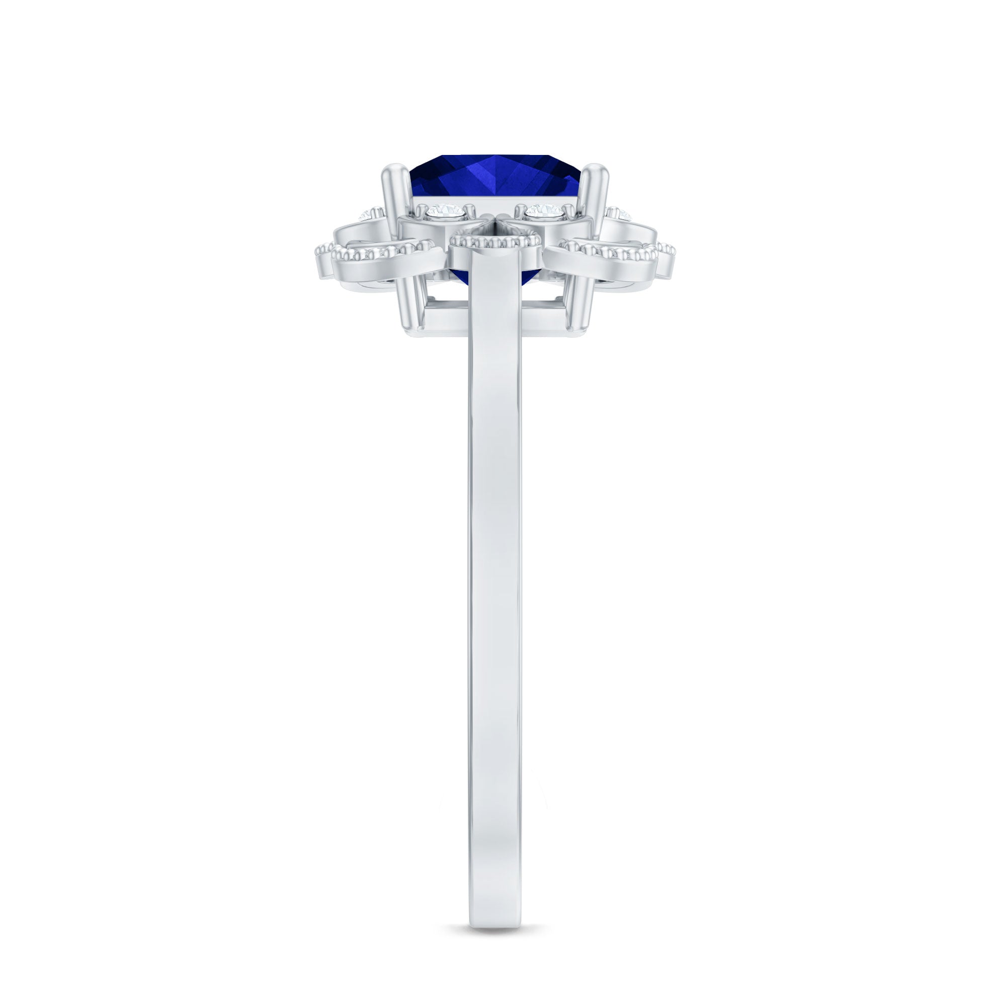 Art Deco 1.5 Carat Lab Grown Blue Sapphire Princess Cut Engagement Ring with Diamond AAAA - Rosec Jewels