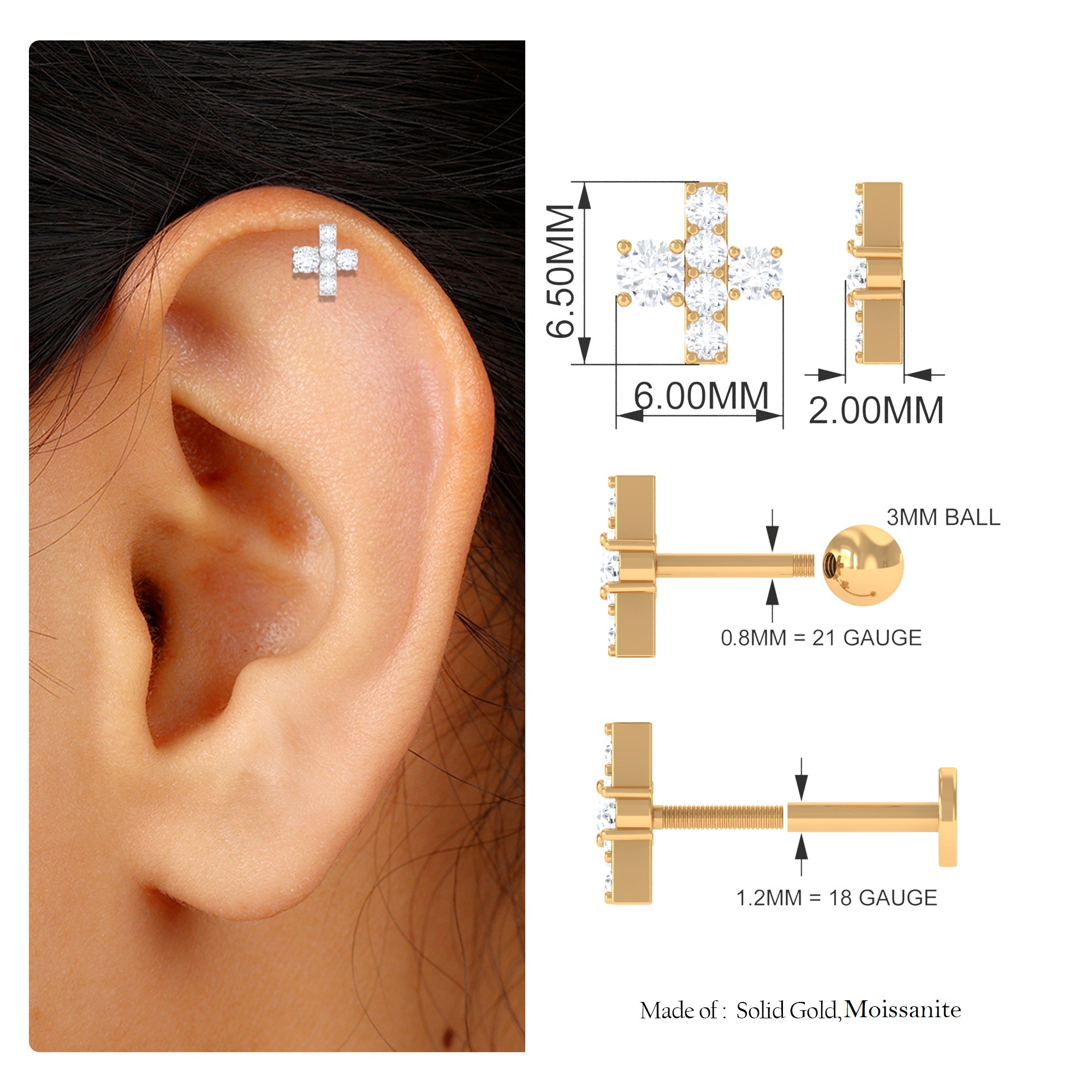 Quirky Moissanite Dainty Cartilage Earring in Gold Moissanite - ( D-VS1 ) - Color and Clarity - Rosec Jewels