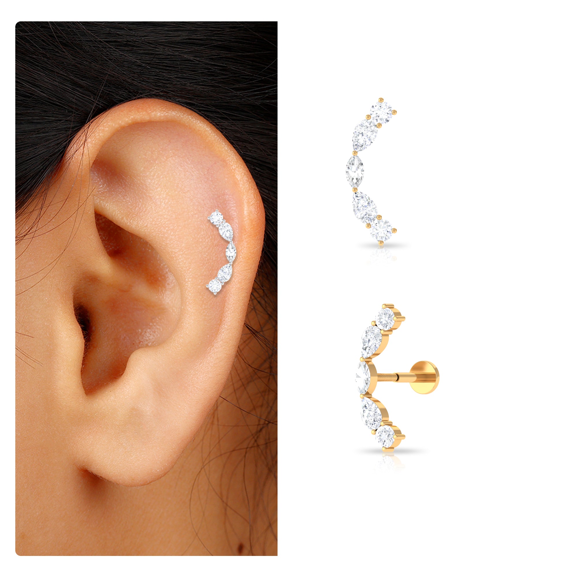 Simple Moissanite Curved Crawler Earring for Helix Piercing Moissanite - ( D-VS1 ) - Color and Clarity - Rosec Jewels