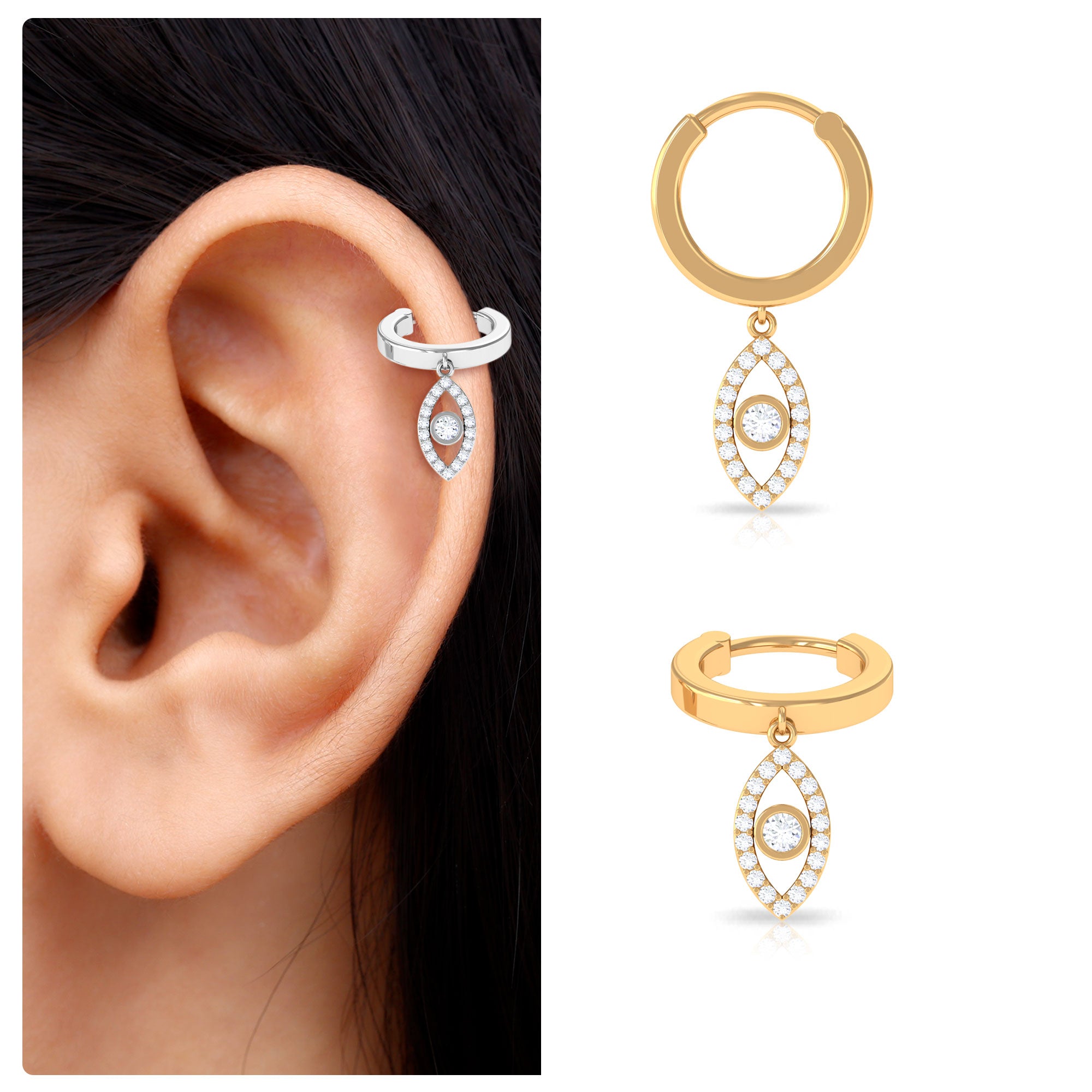 Natural Diamond Evil Eye Dangling Helix Hoop Earring Diamond - ( HI-SI ) - Color and Clarity - Rosec Jewels