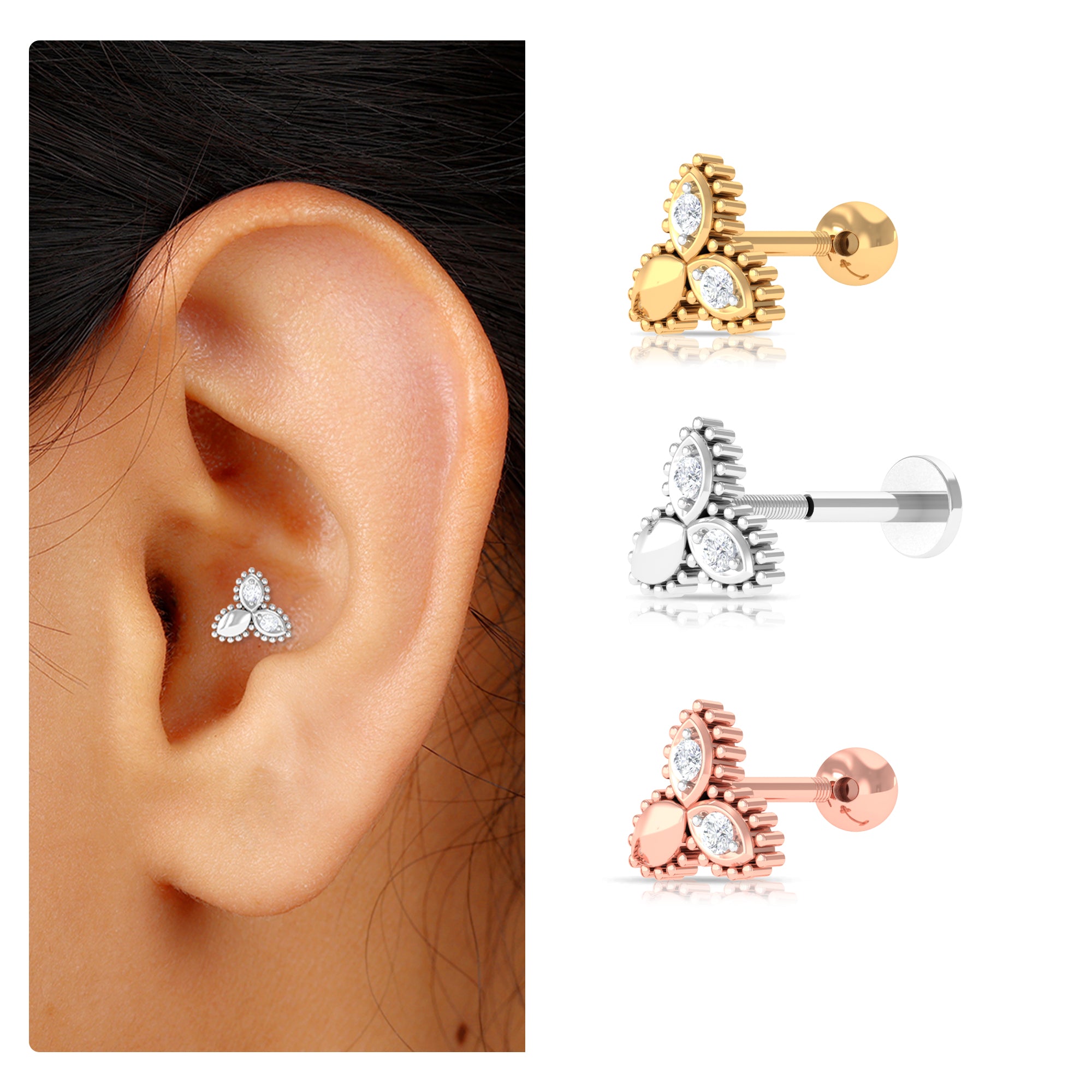 Natural Diamond Leaf Earring for Helix Piercing Diamond - ( HI-SI ) - Color and Clarity - Rosec Jewels