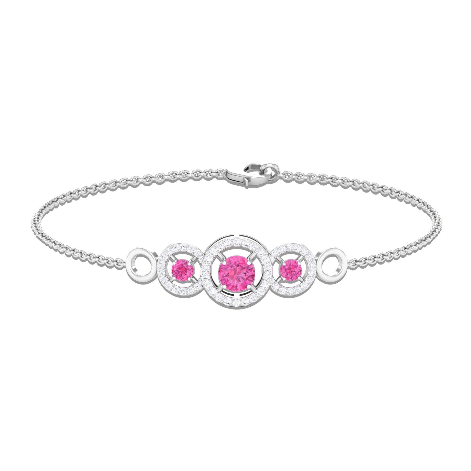 Designer Pink Sapphire and Diamond Three Stone Bracelet Pink Sapphire - ( AAA ) - Quality - Rosec Jewels