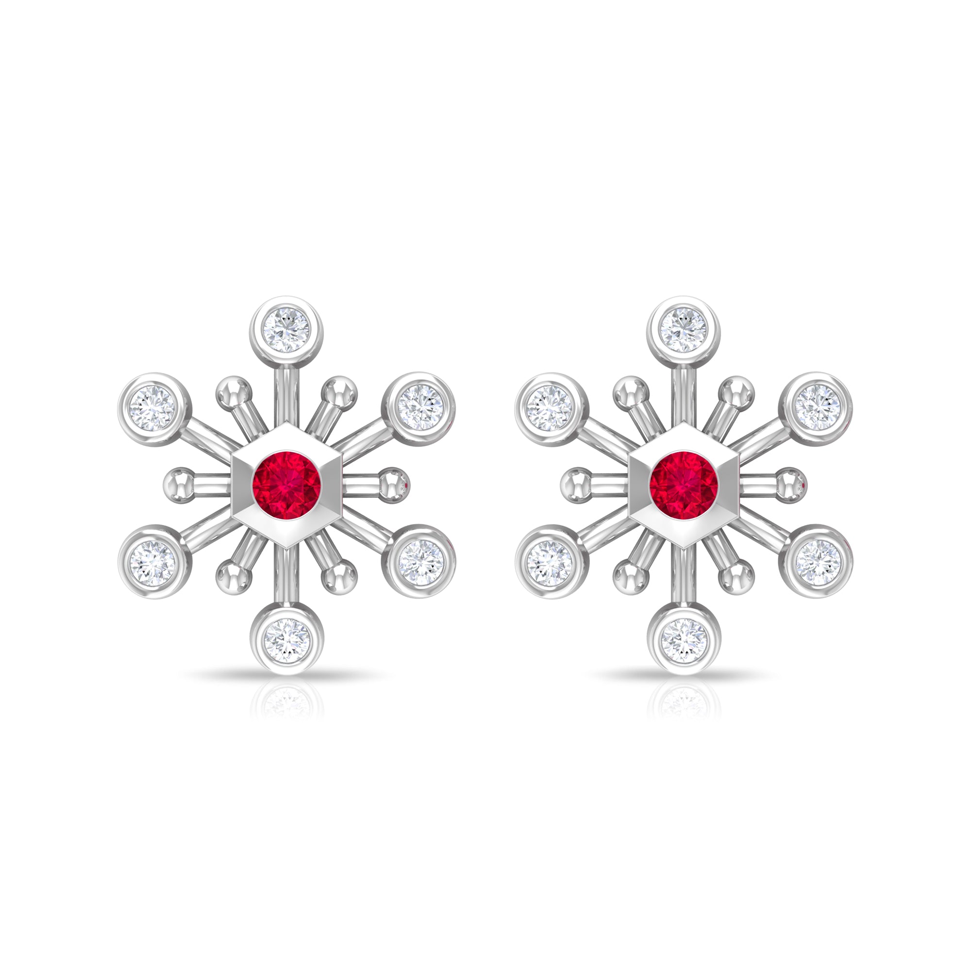 Created Ruby and Diamond Snowflake Contemporary Stud Earrings Lab Created Ruby - ( AAAA ) - Quality - Rosec Jewels