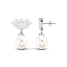 Pave Moissanite Lotus Flower and Freshwater Pearl Drop Earrings Freshwater Pearl - ( AAA ) - Quality - Rosec Jewels