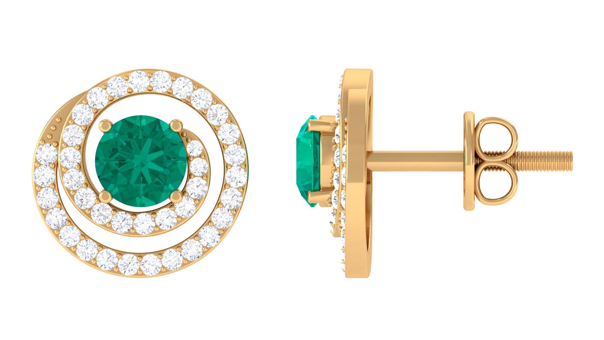 Emerald Stud Earrings with Diamond Emerald - ( AAA ) - Quality - Rosec Jewels