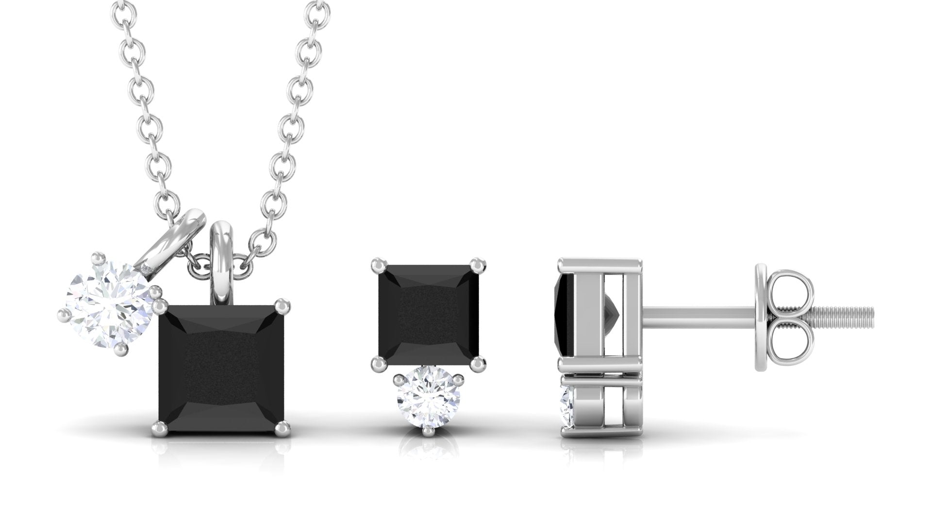 Princess Cut Black Onyx Jewelry Set with Diamond Black Onyx - ( AAA ) - Quality - Rosec Jewels
