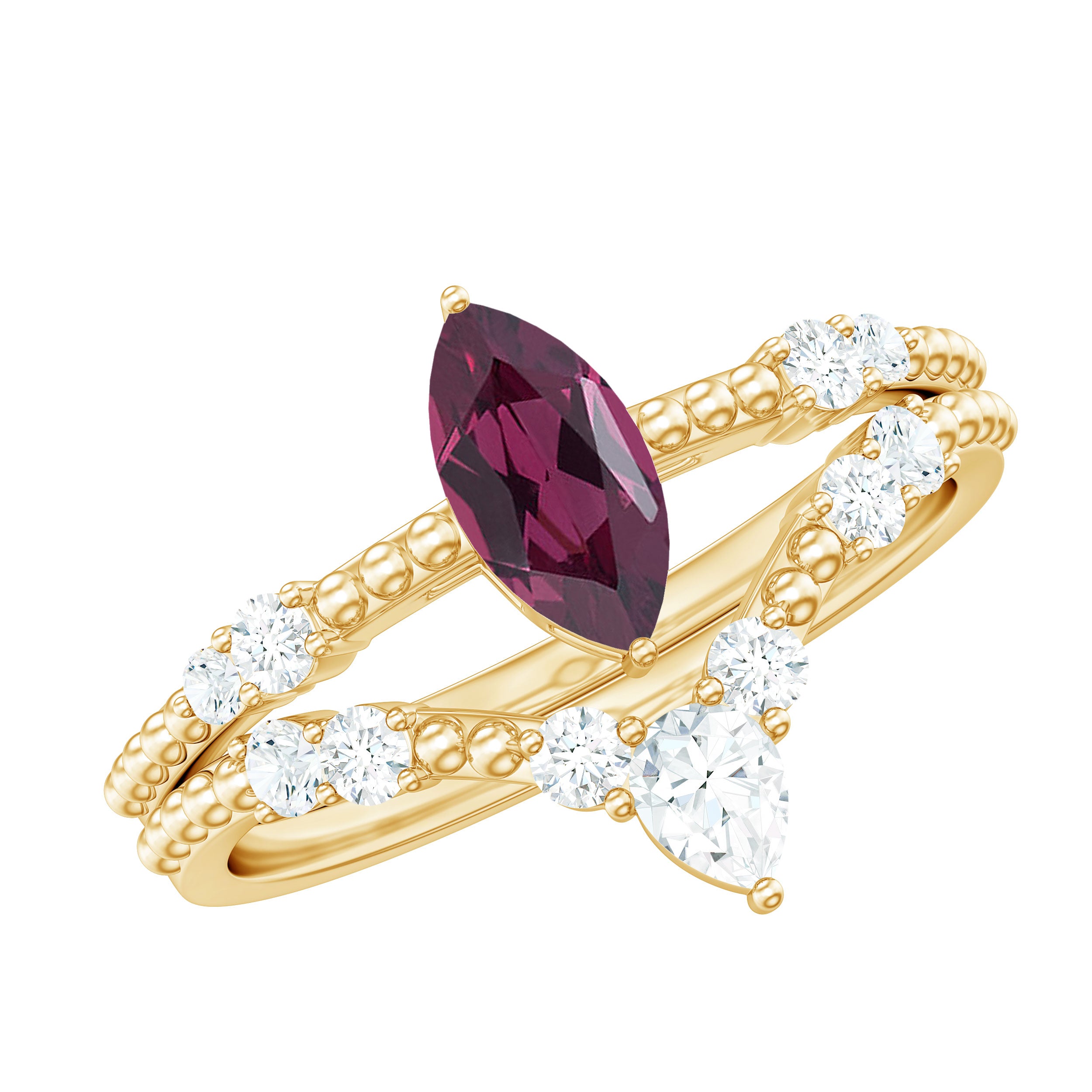 Natural Rhodolite Ring Set with Moissanite in Prong Setting Rhodolite - ( AAA ) - Quality - Rosec Jewels