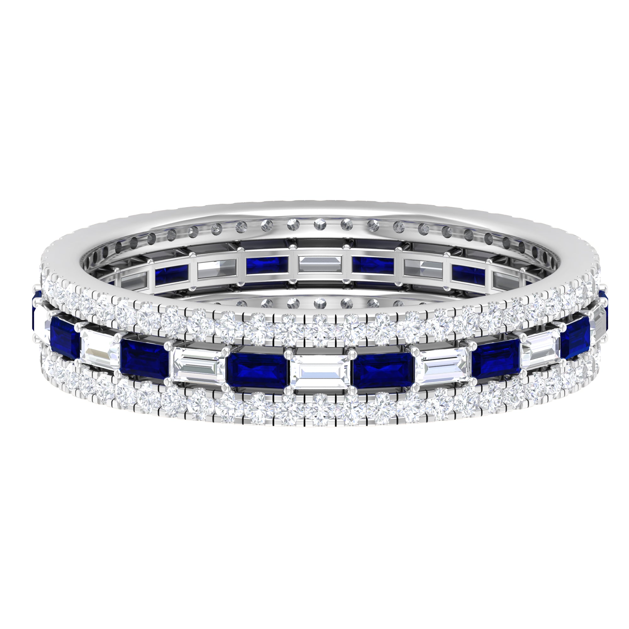 Baguette Cut Lab Grown Blue Sapphire and Moissanite Wedding Band Lab Created Blue Sapphire - ( AAAA ) - Quality - Rosec Jewels