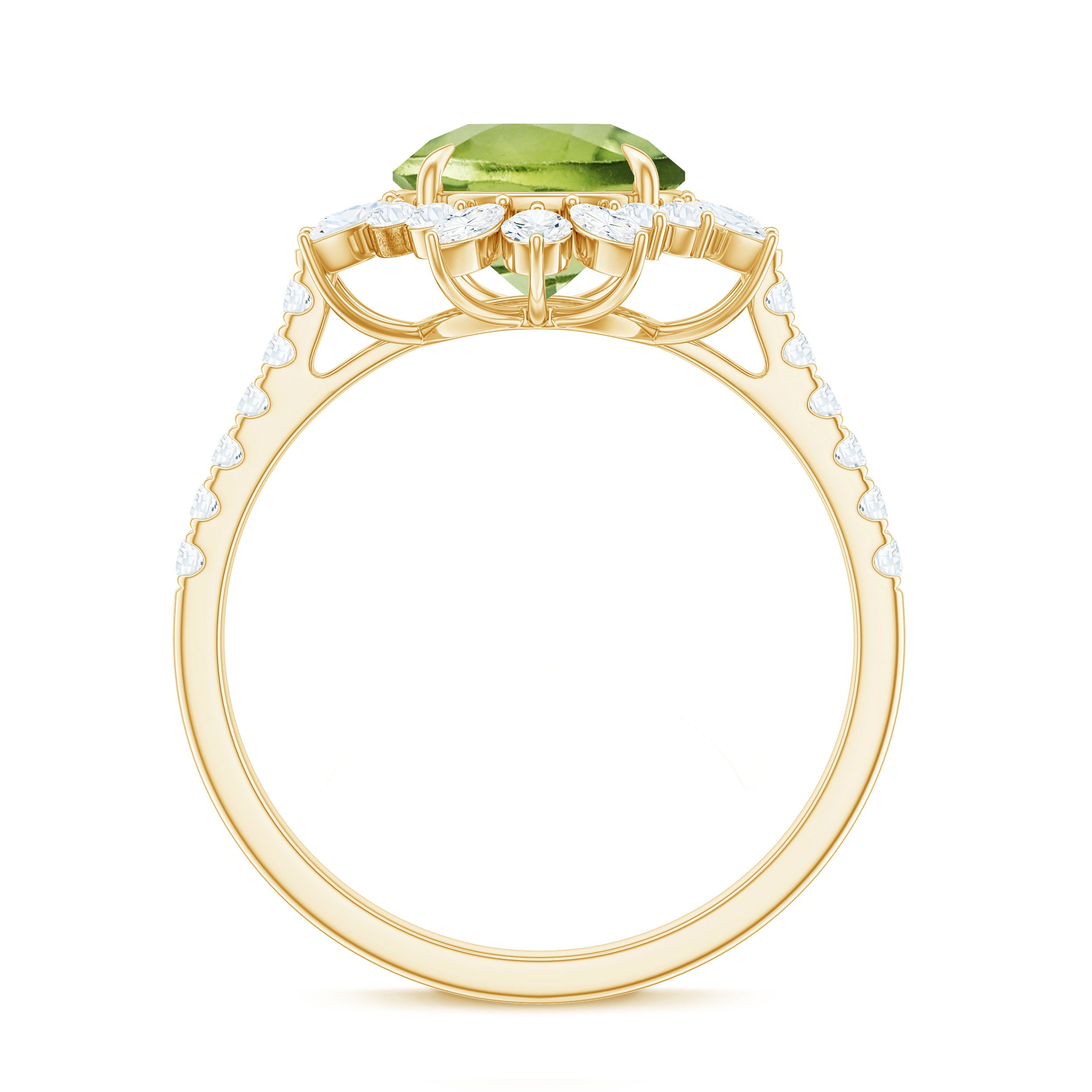 Round Peridot Statement Ring with Moissanite Floral Halo Peridot - ( AAA ) - Quality - Rosec Jewels