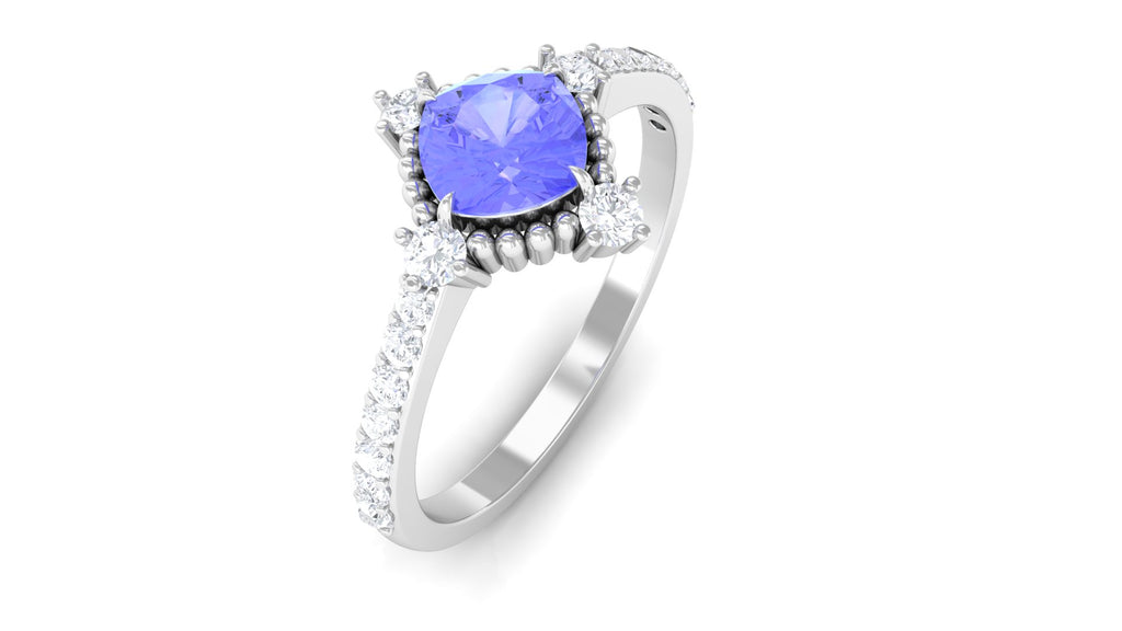 1.75 CT Cushion Tanzanite Solitaire Engagement Ring with Diamond Side Stones Tanzanite - ( AAA ) - Quality - Rosec Jewels