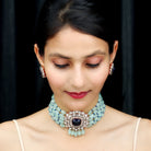 Created Tanzanite Polki Diamond Necklace Earrings Set with Created Blue Sapphire and Beryl - Rosec Jewels