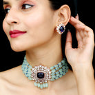 Created Tanzanite Polki Diamond Necklace Earrings Set with Created Blue Sapphire and Beryl - Rosec Jewels